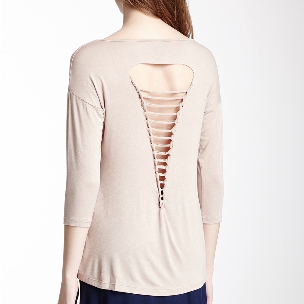 Bobeau Blue Shredded Back Long Sleeve Top shirt